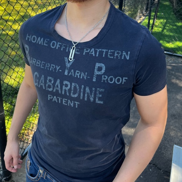 BURBERRY YARN PROOF HOME OFFICE PATTERN GABARDINE PATENT MEN NAVY BLUE T SHIRT S - Picture 1 of 16